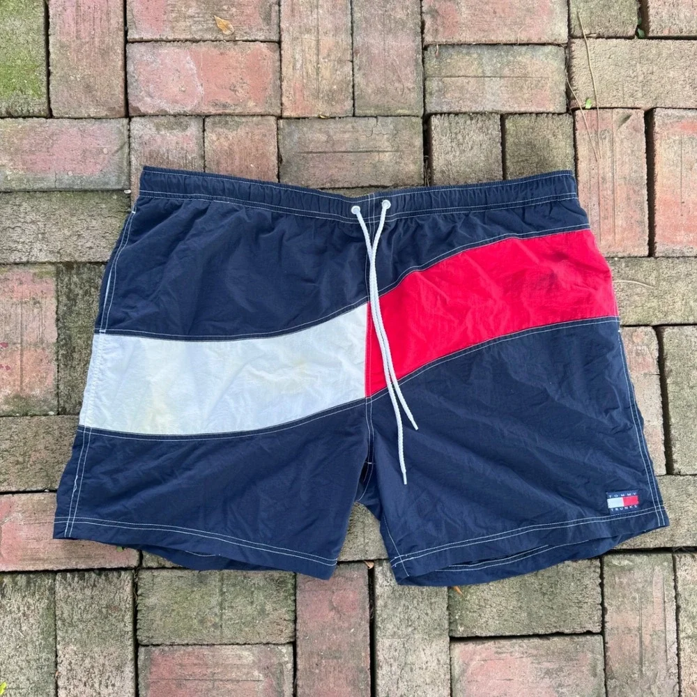 Tommy Hilfiger Mens XXL Colorblock Swim Trunks Navy Red White Vintage 90s Style